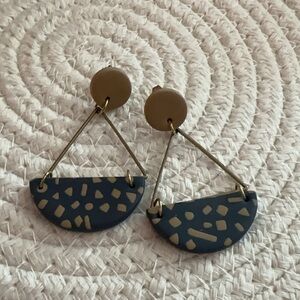Like new, handmade clay earrings in dark blue and light brown